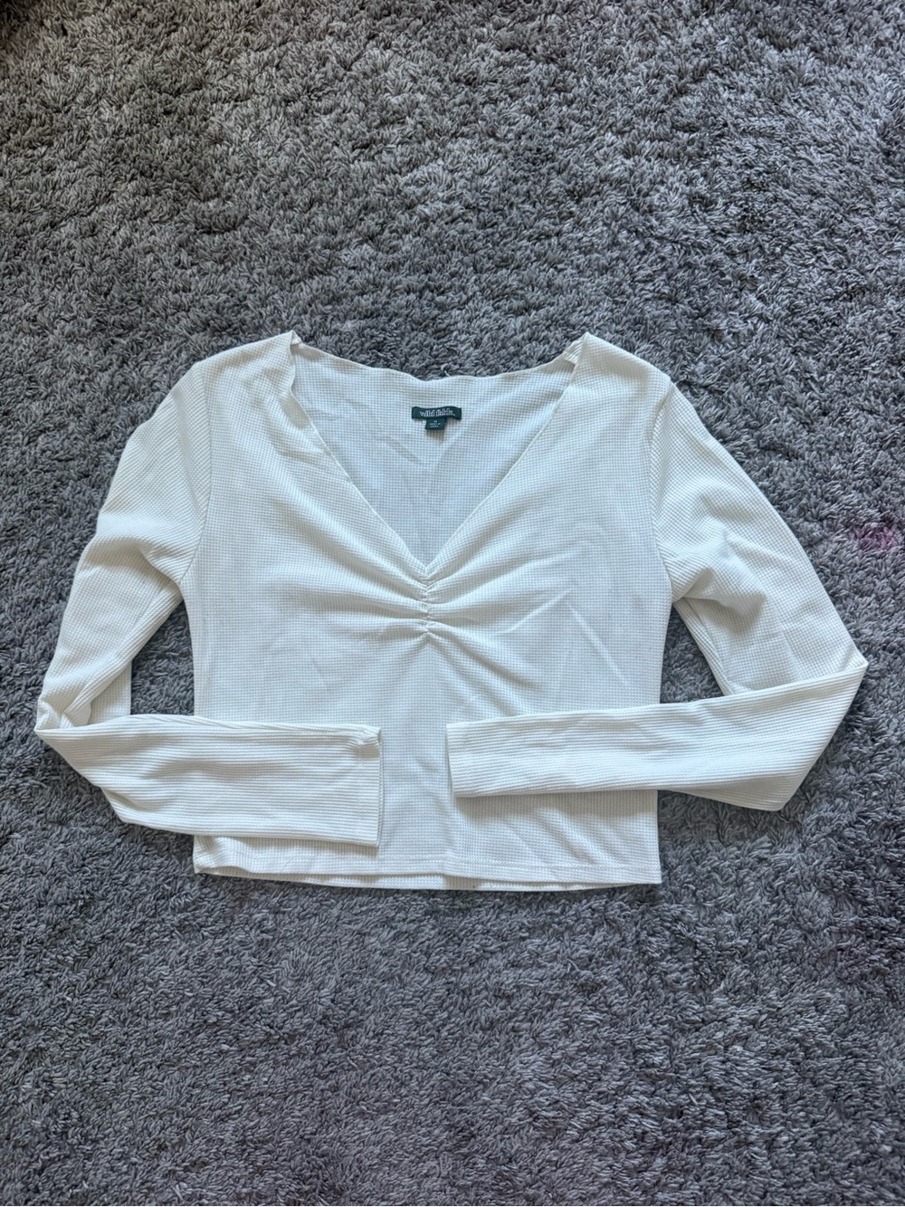 White V-Neck Long Sleeve Ruched Front Top